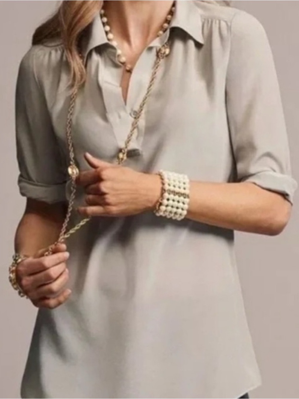 CAbi Silk V-Neck Popover Blouse Minimalist Neutral Taupe Style Number 3424